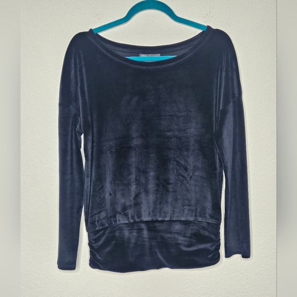 Saturday Sunday by Anthropologie Navy Velvet Ruched Bottom Long Sleeve Pullover - Picture 1 of 9